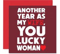 Cheeky Anniversary Card for Wife - Another Year of Marital Mischief - Bold Red and White Design with Playful 'You Lucky Woman' Message - 145mm Square, Envelope Included
