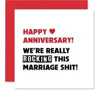 Cheeky Anniversary Card - Rocking This Marriage - Bold Red and White Design with Playful Heart Motif - Cheeky Humour for Couples Who Love a Laugh - 145mm Square, Envelope Included