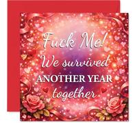 Cheeky Anniversary Card - Survived Another Year Together - Playful Hearts and Roses in Bold Pinks and Reds, Valentine's Day - 145mm Square, Envelope Included
