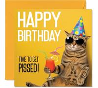 Cheeky Birthday Card - Cat with Attitude Brings the Party Vibes - Sunglasses-wearing Feline Sipping a Cocktail on a Bold Yellow Background - 145mm Square, Envelope Included