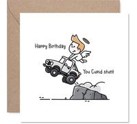 Cheeky Birthday Card - Cheeky Angel Takes a Wild Ride - Cartoon Car Cliff Scene with Bold 'cupid Stunt' Joke - Sure to Spark a Laugh - 145mm Square, Envelope Included