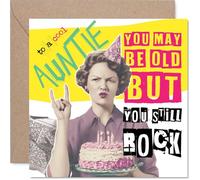 Cheeky Birthday Card for Auntie - Old but Still a Rock Star - Vintage-style Auntie with Cake Illustration - Packed with Playful Birthday Banter - 145mm Square, Envelope Included