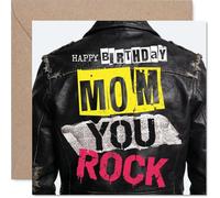 Cheeky Birthday Card for Mom - Rockstar Energy for Your Mum - Edgy Leather Jacket Motif with Vibrant Splashes - 145mm Square, Envelope Included