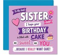 Cheeky Birthday Card for Sister - Cake Cravings and Birthday Giggles - Playful Lilac Card with Bold Hearts, Flowers and a Cheeky Message - 145mm Square, Envelope Included