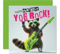 Cheeky Birthday Card - Rock Out with a Raccoon - Neon-green Guitar, Sunglasses and a Birthday Salute - Guaranteed to Lift the Mood - 145mm Square, Envelope Included