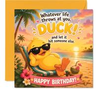 Cheeky Birthday Card - Take It Easy and Let Life Roll by - Cartoon Duck Chilling on a Tropical Beach with Cocktail and Sunset - 145mm Square, Envelope Included