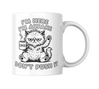 Cheeky Chops Funny Work Mug I’m Here I’m Awake Don’t Push It Grumpy Cat Illustration Ceramic Cup 11oz - CMUG821