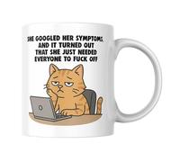 Cheeky Chops Funny Work Mug She Googled Her Symptoms Cat Illustration Sarcastic Office Humour Ceramic Cup 11oz - CMUG822