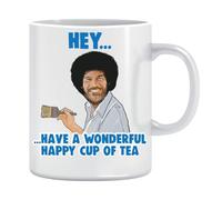 Cheeky Chops Mug Bob Ross Happy Cup of Tea Novelty Gift CMUG89, White Mug Full Colour Print