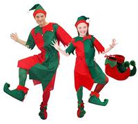 CHEEKY ELF MENS & WOMENS FANCY DRESS. ELF CHRISTMAS COSTUME - RED & GREEN, JINGLE BELLS, TIGHTS, HAT, SHOES (SMALL)
