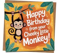 Cheeky Little Monkey Birthday Card - 145mm x 145mm Square Kids Jungle Design - “Happy Birthday from Your Cheeky Little Monkey” - Includes Kraft Envelope
