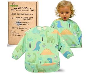 Cheeky Monkey Baby Bibs with Sleeves Waterproof | Long Sleeve Weaning Bib 6-24 Months | BLW Coverall Feeding Bib | Baby Smock | BPA Free | Machine Washable | Food Catcher Pocket | Boys Girls