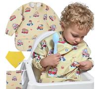 Cheeky Monkey Baby Bibs with Sleeves Waterproof | Long Sleeve Weaning Bib | Cute Vehicle Coverall BLW Feeding Bib | BPA Free | Machine Washable | Food Catcher Pocket | Boys Girls 6-24 Months