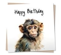 Cheeky Monkey Watercolour Happy Birthday Card - Greetings Card for Monkey and Animal Lovers - Made in UK
