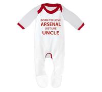 Cheekytots Arsenal Baby Sleepsuit - 'Born To Love Arsenal Just Like Uncle- Soft 100% Combed Cotton Football-Themed Baby Sleepsuit for Football Fans (6-9 Months, White/Red Trim)