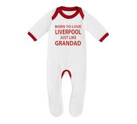 Cheekytots Liverpool Baby Sleepsuit - 'Born To Love Liverpool Just Like Grandad - Soft 100% Combed Cotton Football-Themed Baby Sleepsuit for Football Fans (9-12 Months, White/Red Trim)