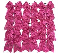 Cheer Hair Bows 12Pcs Sparkly Glitter Sequins Pigtail Bows For Girls Large Cheerleading Bows Ponytail Holder Elastic Hair Ties For Women(Rose Red)