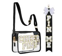 CHEER PINS Bag & PIN ME Ribbon Set - Clear Cheerleading Competition Bag with White Chenille Letters & 17" Cheer Clip Ribbon, Stadium Approved Team Gift