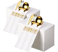 CHEERDO Disposable Dinner Napkins,Linen Feel Napkins, Built-in Flatware Pocket, Decorative Wedding Napkins with Gold Stripe Print,Party Napkin, Soft, Strong, Absorbent,100PCS