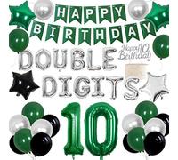 Cheereveal 10th Birthday Decorations Green for Boys Girls, Double Digits Happy Birthday Banner Cake Topper, 10 Years Old Bday Party Supplies