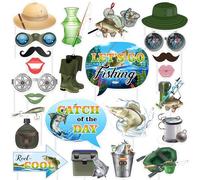 Cheereveal 24Pcs Fishing Theme Photo Booth Props for Boys Men - Go Fishing Theme Party Signs with Wooden Sticks, Let’s Go Fishing Theme Birthday Party Baby Shower Decorations