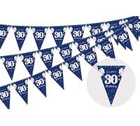 Cheereveal 3 Pack 30th Happy Birthday Bunting Banner, 36 Pieces Triangle Flag Navy Blue and Silver, Happy 30th Birthday Pennant Banner, Anniversary Party Supplies for Men Women