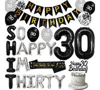 Cheereveal 30th Birthday Decoration Black and Silver, So Happy I’m Thirty Balloons, Talk Thirty to Me Sash Number 30 Foil Balloon Cake Topper, Funny 30th Birthday Party Supplies for Men Women