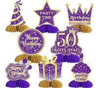 Cheereveal 8 Pieces 50th Birthday Decorations Purple Gold, 50th Honeycomb Centerpieces for Tables, Cheers to 50 Years Table Toppers for Women Fifty Years Birthday Party Decoration Supplies