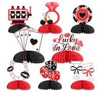 Cheereveal 8pcs Casino Theme Bachelorette Honeycomb Centerpiece, Red and Black Lucky in Love Cherry Cocktail Table Decorations, Vegas Poker Dice Game Night Bridal Shower Engagement Party Supplies