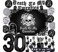 Cheereveal Black 30th Birthday Decorations for Him Her, Death to My Twenties Banner Cake Toppers Backdrop, Rip to My 20s Sash, Number 30 Foil Balloon, Youth Funny Thirty Birthday Party Supplies