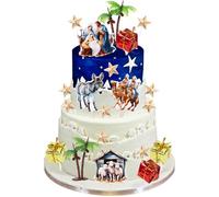 Cheereveal Christmas Birth of Jesus Theme Cake Decorations Set, Nativity Scene Cake Toppers, Coconut Tree Cake Figurines for Xmas Christian Religious Baptism Winter Holiday Party Decor Supplies