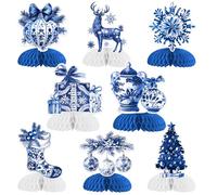 Cheereveal Christmas Chinoiserie Honeycomb Centerpiece, Vintage Blue and White Porcelain Table Toppers Decorations, Xmas Ceramic Vase Decor for Winter Holiday New Year Porcelain Party Supplies