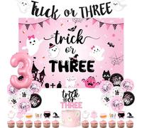Cheereveal Halloween 3rd Birthday Decorations for Girls, Trick Or Three Backdrop Glitter Paper Banner Cake Topper, Pink Black Ghost Balloons Halloween Third Birthday Party Supplies