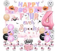 Cheereveal Halloween 4th Birthday Decorations for Girls, Four Ever Spooky Backdrop Glitter Paper Banner Cake Topper, Pink and Purple Ghost Balloons Halloween Fourth Birthday Party Supplies