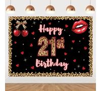 Cheereveal Happy 21st Birthday Backdrop, 7x5ft Cherry Leopard Cheetah Print Banner, Cheers to 21 Years Birthday Party Decorations for Women Girls, Jungle Safari Red Black Photography Background