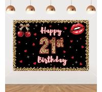 Cheereveal Happy 21st Birthday Backdrop with Cherry Leopard Print, 5 * 3ft Red Cheetah Party Decoration Banner for Women Girls, Jungle Safari Cheers to 21 Years Photo Background