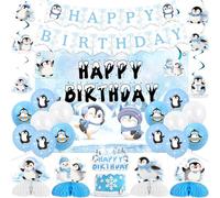 Cheereveal Penguin Birthday Party Decorations Blue, Cute Penguin Happy Birthday Backdrop Banner Honeycomb Centerpieces, Winter Snowflake Arctic Animal Themed 1st 2nd 3rd Bday Party Supplies