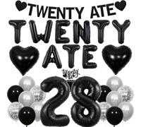 Cheereveal Twenty Ate Birthday Decorations for Her, Glitter Black Cake Topper and Banner, Twenty Ate Balloon Banner, Black Foil Number Balloons 2 and 8, Funny 28th Birthday Party Supplies