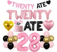 Cheereveal Twenty Ate Birthday Decorations for Her, Glitter Black Pink Cake Topper and Banner, Twenty Ate Balloon Banner, Pink Foil Number Balloons 2 and 8, Funny 28th Birthday Party Supplies