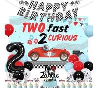 Cheereveal Two Fast 2 Curious Birthday Decorations - 2 Fast 2 Curious Backdrop Cake Topper, Happy Birthday Checkered Flags Banner, Race Car Tire Balloons, Boys Second Birthday Party Supplies