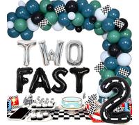 Cheereveal Two Fast Birthday Decorations Boy Vintage, Racing Car Birthday Party Supplies, Blue and Green Balloon Garland Kit with Checkered Foil Balloons Garland for Kids 2 Birthday Party (F-PA-6423)