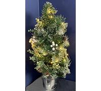 Cheerful Bargains 61cm Pre-Lit Snow-Tipped Artificial Christmas Tree | 3AA Battery Powered Warm LED Lights | Decorated with Pinecones & Mistletoe | Indoor Light-Up Xmas decorations For Home & Office