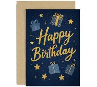 Cheerful Birthday Card for Him or Her, Navy and Gold Celebrational Happiness Gift, Bold Graphic Design, for Husband Wife Mum Dad Brother Sister, Blank Inside with Envelope