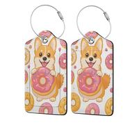 Cheerful Corgi Dog and Doughnut Luggage Tags with Stainless Loop Privacy Cover ID Funny Cute Unique Pattern 2 PCS