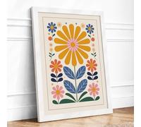 Cheerful Folk Daisy Botanical Framed Wall Art Print A4 (29.7×21cm) White, Wall Decor for Living Room, Bedroom, Office & Home, Ready to Hang, Art Gift