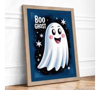 Cheerful Halloween Ghost Novelty Framed Wall Art Print A1 (84.1×59.4cm) Oak, Wall Decor for Living Room, Bedroom, Office & Home, Ready to Hang, Art Gift