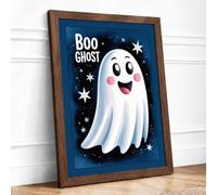 Cheerful Halloween Ghost Novelty Framed Wall Art Print A1 (84.1×59.4cm) Walnut, Wall Decor for Living Room, Bedroom, Office & Home, Ready to Hang, Art Gift