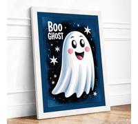 Cheerful Halloween Ghost Novelty Framed Wall Art Print A1 (84.1×59.4cm) White, Wall Decor for Living Room, Bedroom, Office & Home, Ready to Hang, Art Gift