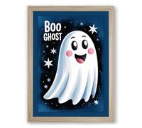 Cheerful Halloween Ghost Novelty Framed Wall Art Print A2 (59.4×42cm) Oak, Wall Decor for Living Room, Bedroom, Office & Home, Ready to Hang, Art Gift