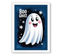 Cheerful Halloween Ghost Novelty Framed Wall Art Print A2 (59.4×42cm) White, Wall Decor for Living Room, Bedroom, Office & Home, Ready to Hang, Art Gift